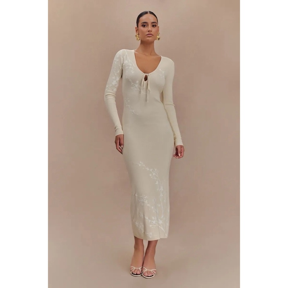 MESHKI Mckenna Cream Ivory Embroidered Knit Midi Dress Size M